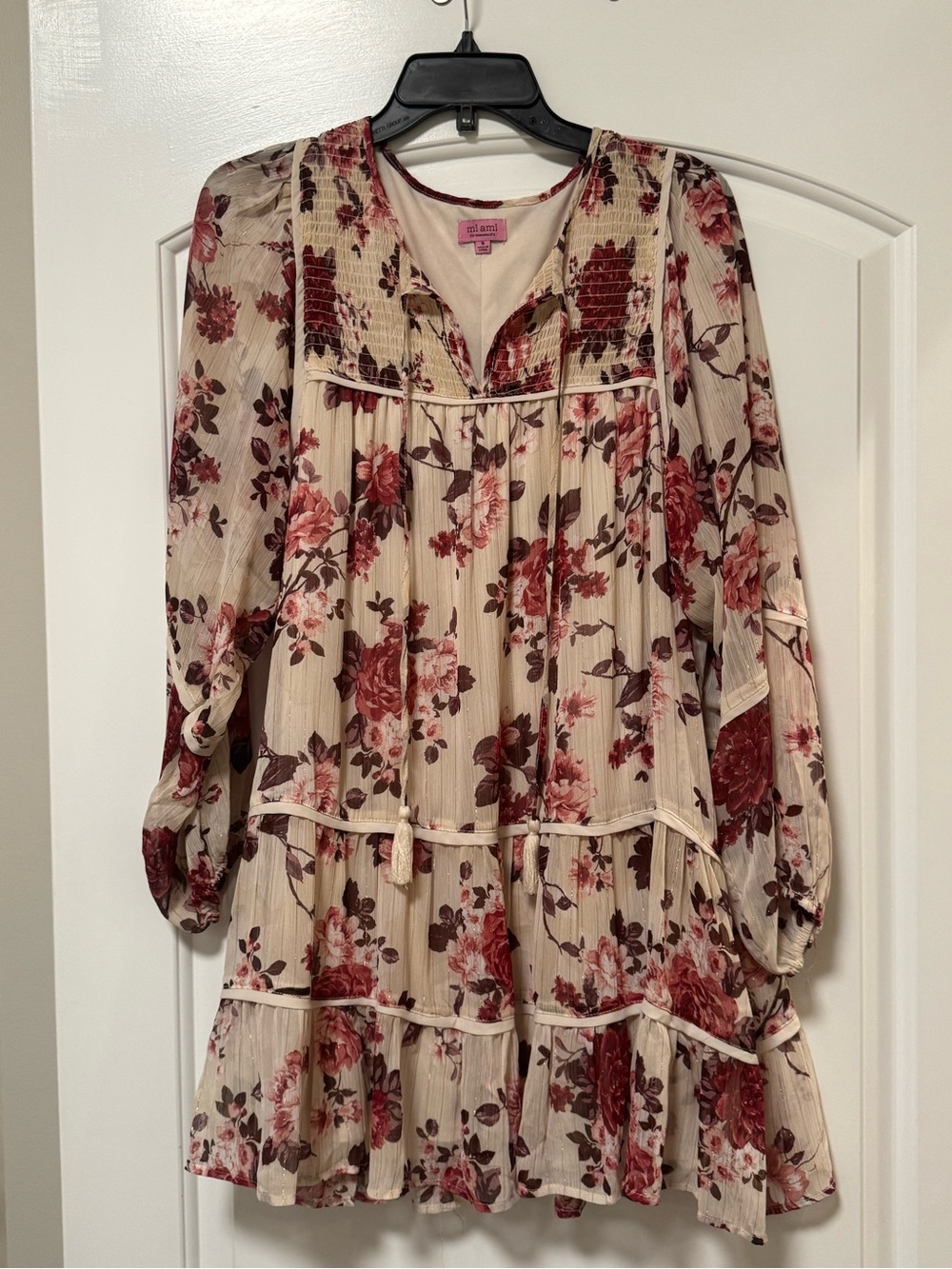 Cream Floral Tiered Long-Sleeve Dress with Rose Accents